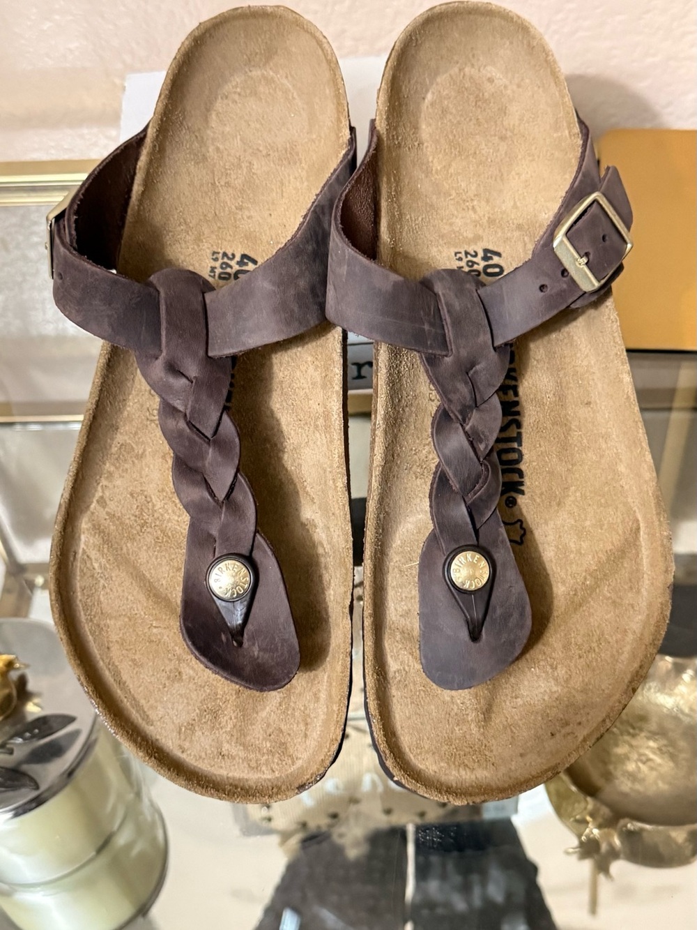 Birkenstock Braided Toe-Post Sandals in Dark Brown Leather